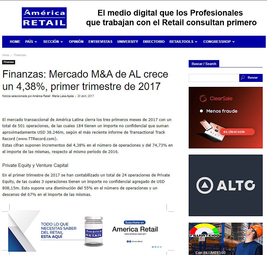 Finanzas: Mercado M&A de AL crece un 4,38%, primer trimestre de 2017